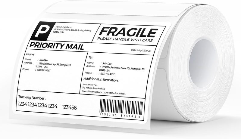 MUNBYN 4” X 3” Direct Thermal Labels, White Thermal Printer Stickers, Strong Adhesive, Labels Paper for Mailing, Barcode, 500 Sheets/1 Roll - Image 1